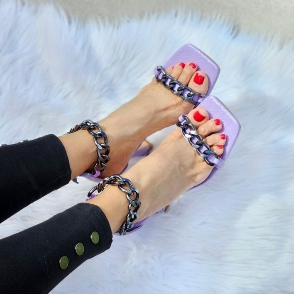Purple Women's Ankle Strap Stiletto Sandals Metallic Chain Back Zipper - Picture 3 of 6
